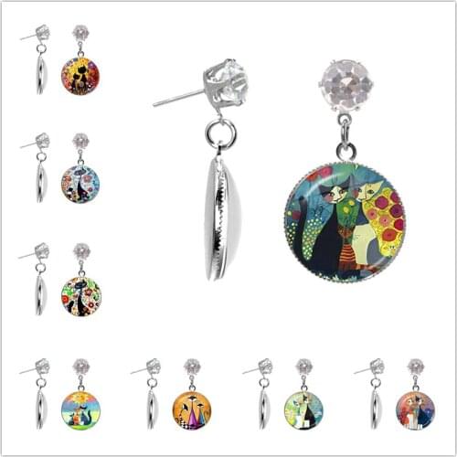 2021 New Fashion Colorful Cats Family Glass Crystal Stud Earrings Jewelry for Women Girls Birthday Wedding Gifts