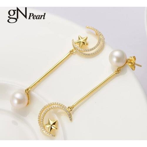 GN Pearl Asymmetric 925 Sterling Silver Gold Plate Natural Freshwater Round Pearl Star Moon Design Drop Earring Stud gNPearl