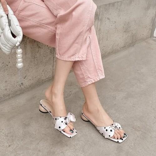 Silk Leather 3.5cm Low Heels Women Slippers Open Toe Summer Bowtie Slides Women Casual Mules Shoes Woman