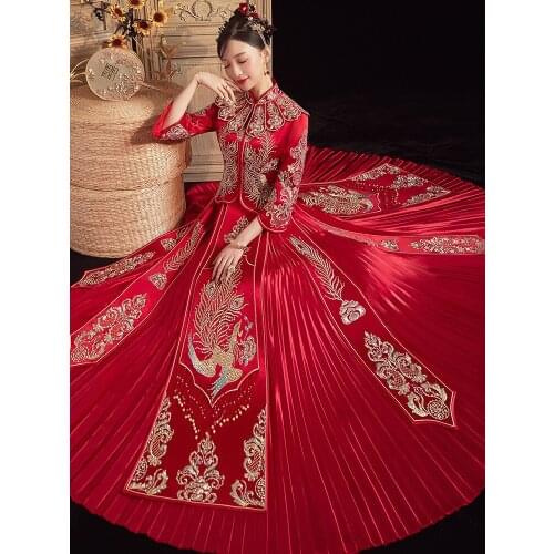 Traditional Chinese Style Bride Cheongsam Red Phoenix Embroidery Qipao Wedding Dress Plus Size S-2XL
