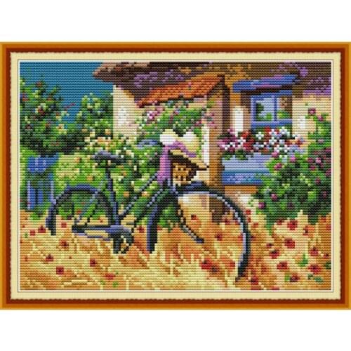Bicycle Autumn Landscape Painting Cross Stitch Kit Aida 14ct 11ct Count Print Canvas Cross Stitch DIY Embroidery Set Needlework
