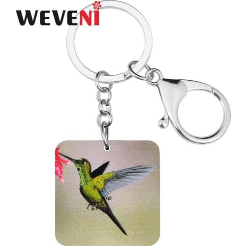 WEVENI Acrylic Square Lovely Hummingbird Bird Keychains Animal Keyring Jewelry For Women Girl Novelty Gift Car Wallet Decoration