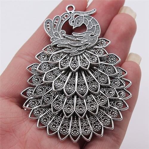 WYSIWYG 1pcs Charms Peacock 56x79mm Antique Silver Color Pendant Peacock Charms For Jewelry Making Jewelry Findings