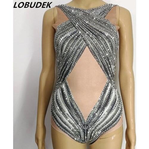 Women Crystals Costumes Sexy Bodysuit European DJ singer Pole dancing Performance Clothing Bar Party show stage Catwalk costume