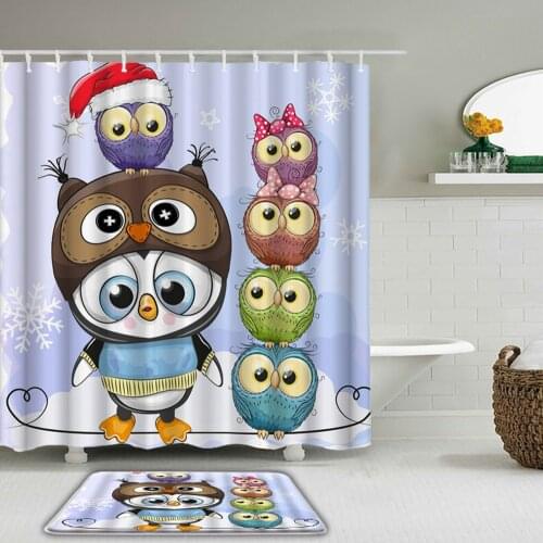 2Pcs/Set Cartoon Cute Owl Printed Shower Curtains Fabric Waterproof Bathroom Curtain Set With Non-Slip Carpet Toilet Bath Mat