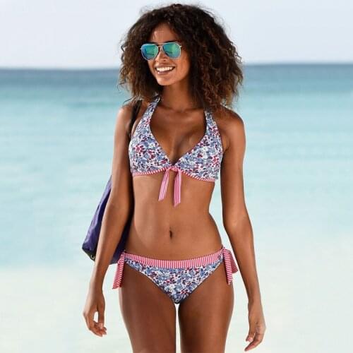 2020 New Fresh Floral Print/Striped Bikini Swimsuit Women Sexy Bowknot Bra With Adjustable/Elastic Band Low Waist Bikini Bottom