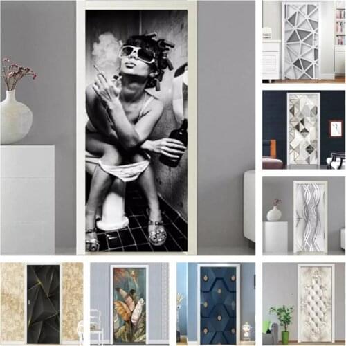 Toilet Sexy Woman Pearl 3D Door Sticker Line Silver Modern Pvc Waterproof Wallpaper Art Door Poster Self Adhesive Mural Stickers