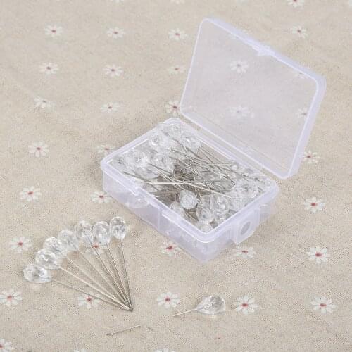 50Pcs Clear Diamond Sewing Garment Straight Pins Wedding Corsage Boutonniere Floral Bouquet Fixed Pin Thumbtack with Plastic Box