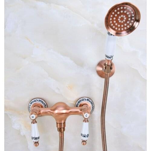 Antique Red Copper Brass Dual Ceramic Levers Base Wall Mounted Bathroom Hand Held Shower Head Faucet Set Mixer Tap ana302