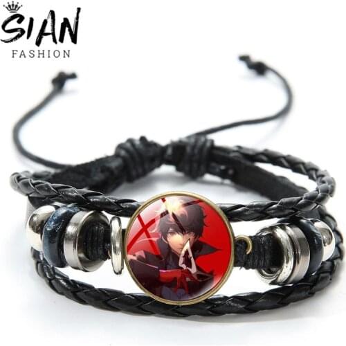 SIAN Anime Game Persona 5 Bracelet Akira Kurusu Ryuji Sakamoto Cartoon Printed Glass Dome Snap Button Braid PU Leather Bracelet