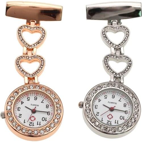 Clip-on Fob Quartz Brooch Heart Shaped Hanging Nurse Pin Watch Crystal Men Women Steel Fashion Vest-Pocket Nurse Watches