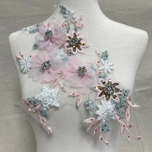 Illusion Crystal Beaded lace Applique Pink Mesh Petals floral lace, Rhinestone leaf branch for wedding bodice bridal accessories