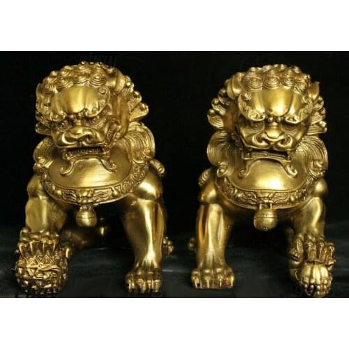 Chinese Brass Copper Fengshui Wealth Animal Foo Fu Dog Guardion Lion Statue