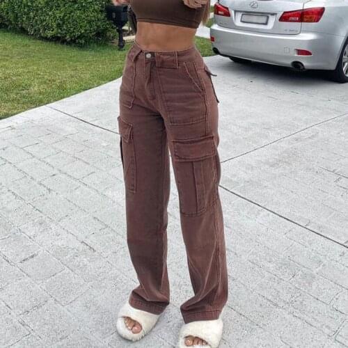 Brown Jeans Women Fashion Solid Pockets Low Waist Straight Wide Leg Losse Casual Jean 2021 Autumn New Woven Denim Cargo Pants