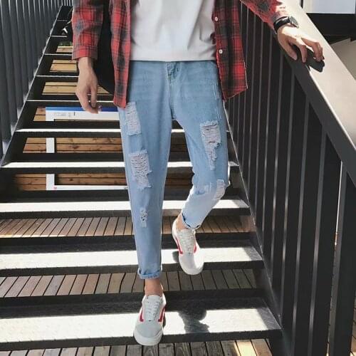 2019 Summer Mens Fashion Trend Holes Stretch Slim Fit Jeans Male Light Blue Colour Trousers Tide Hip-hop Beggar Casual Pants