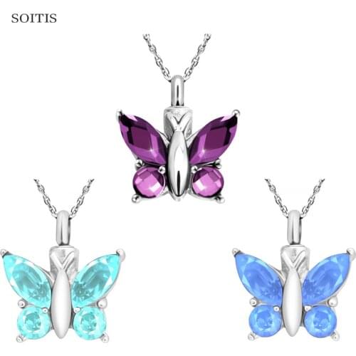 SOITIS Butterfly Shape Fillabled Ashes Cremation Pendant Keepsake Urn Necklace Purple Blue Cyan Engravable Memorial Jewelry