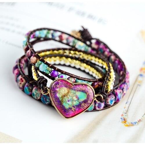 Romantic Spiritual Chakra Leather Wrap Bracelets W/ Mix Stone Heart Shape 3 Strands Bracelet Classic Jewelry Bijoux Dropshipping