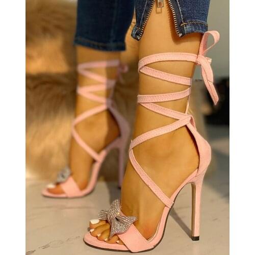 Summer Women Sandals Fashion Black Blue Pink Wine Ankle Strap Crystal Lace-Up Peep Toe High Heels Shoes Woman sandalia mujer
