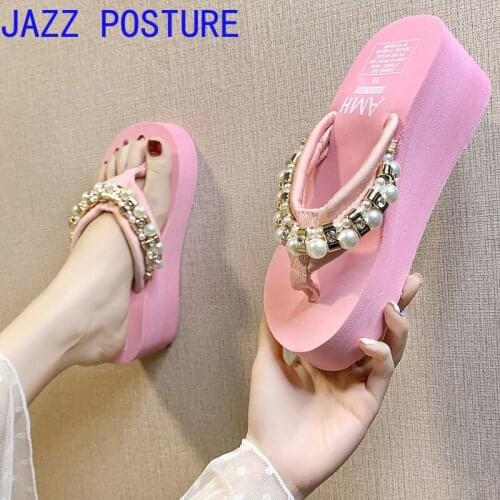 Flip-flops pink beaded rhinestone slippers on the platform summer w187