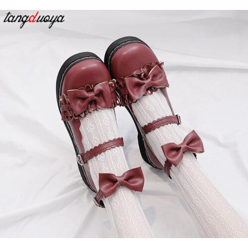 Cute Sweet Lolita shoes bow kids 2021 new autumn Lolita shoes red flat bottom uniform JK shoes Mary Jane shoes Harajuku