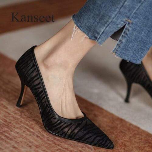 Kanseet Shallow High Heels Shoes Party Dress Mesh Yarn Design Shoes Elegant Pointed Toe Spring Summer Black Apricot Women Pumps