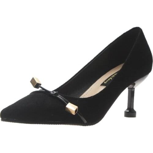 The Wild Pointed Shallow Mouth Suede Single Shoes 2019 Spring New Ladies Bow Stiletto Heels In The Heel