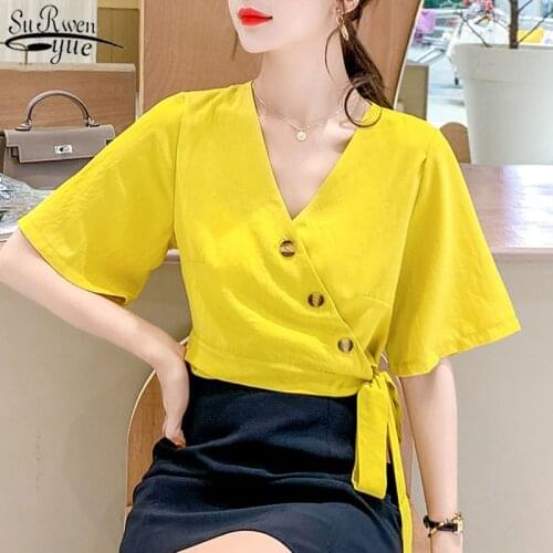 Irregular Short-sleeved Chiffon Shirt Women Summer Shirt Yellow Blosue 2021 New V-neck Bow Tie Short Blouse Ropa De Mujer 14112