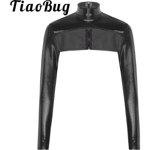 Fashion Female Women Shiny Metallic High Neck Long Sleeves Back Zip Up Form Fitting Shrugs Shirts Blouses Crop Top for Party
