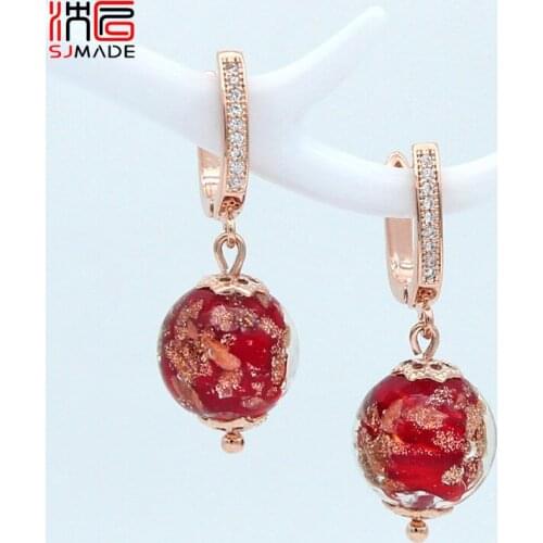 SJMADE Original Handmade Sands Coloured Glaze Dangle Earrings 585 Rose Gold Fashion Retro Style Women Girl Wedding Party Jewelry