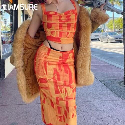 IAMSURE Beach Style Tie Dye Print Dress Set Women Fashion Slim Streetwear 2 Pieces Set Sleeveless Top Split Long Skirt Holiday