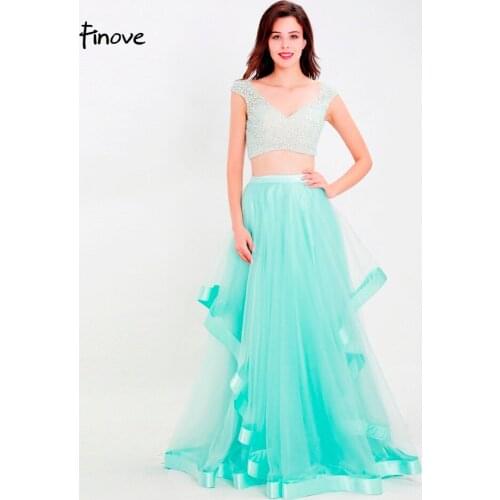 Finove Prom Dress Long New Arrivals 2020 Fashion Light Green Two Pieces Fully Pearls Tulle Long Prom Woman Dress Plus Size