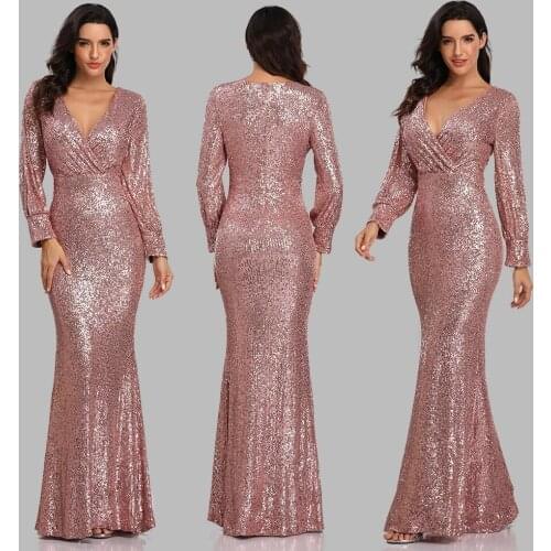 Long Formal Prom Party Gown Sexy V-neck Mermaid Evening Dress Full Sequins long Sleeve Galadress Vestidos Women Dresses 2021