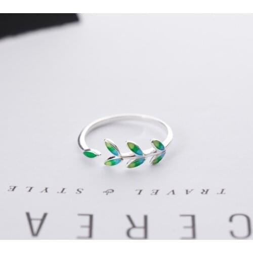 925 Sterling Silver Green Shoots Branches Leaves Rings For Women Men Adjustable Enamel Glazed Open Ring Girls Gift