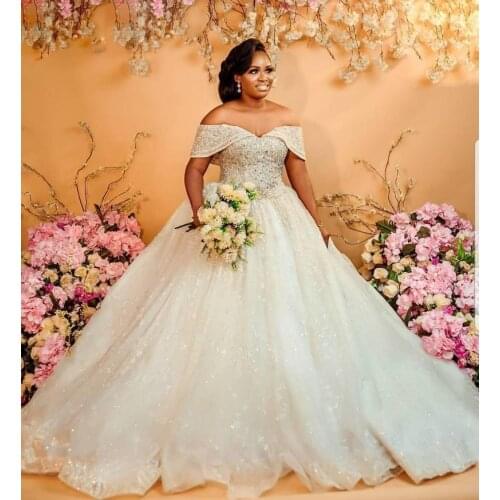 Arabic Luxuirous Wedding Dresses Lace Vintage Sequin Beaded Plus Size Bridal Gowns Lace-up Lace Applique Bridal Gowns