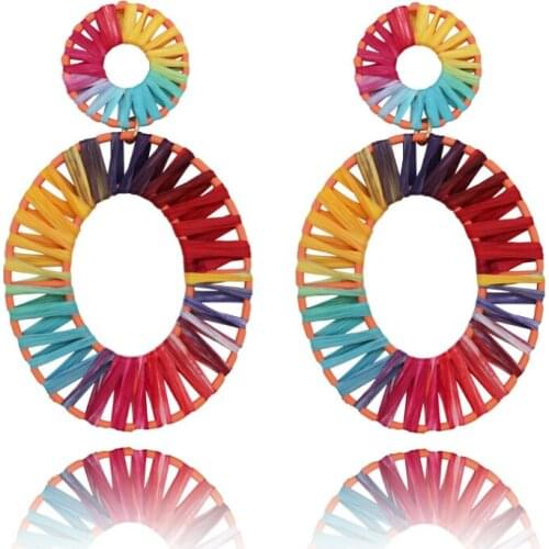 Free Shipping HER050 100Pairs/lot Woven Oval Earring W Colorful Raffia Ear Nail Fashion Women Wearing Jewelry Wholesales