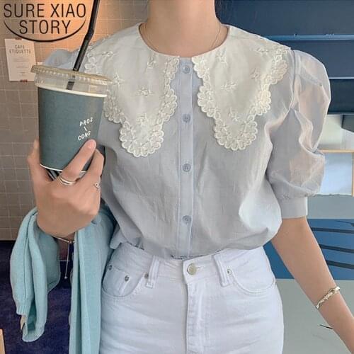 Short Sleeve Summer Blouse Sweet Peter Pan Collar Shirts Women Single Breasted Fashion Loose Blue Shirt Female Clothing 13846