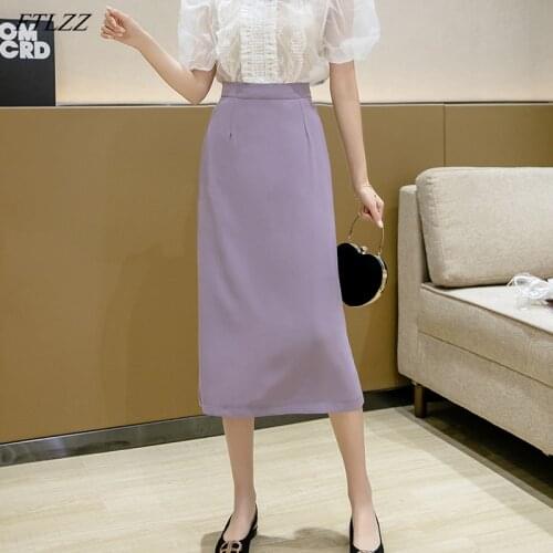 FTLZZ 2021 New Spring Summer Women High Waist Solid Color Medium Long Skirt Casual Female Slim Fit OL Style Split Black Skirts
