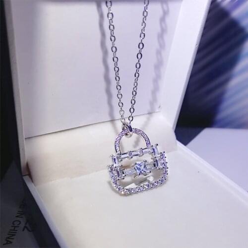 Cute New Style Creative 925 Sterling Silver Small Handbag Pendant Necklace Chain for Women Bling Charms Party Jewelry Gift