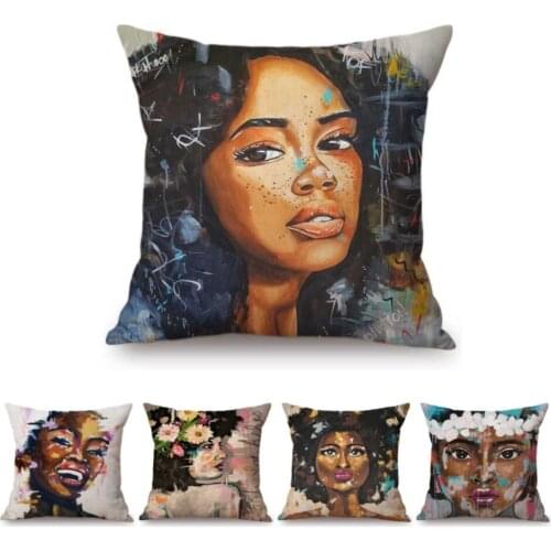 Fashion African Women Girl Princess Pretty Face Oil Painting Home Decorative Sofa Throw Pillow Case Cotton Linen Cushion Cover