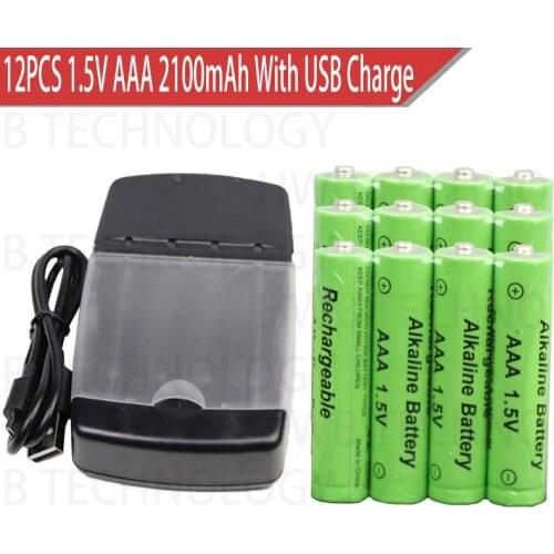 12pack New Brand AAA 2100mah 1.5V Alkaline Battery AAA rechargeable battery +1pcs USB Smart Alkaline/NI-MH/Ni-Cd battery charger