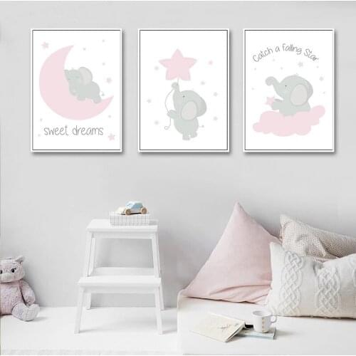 Nursery Poster Baby Art Prints Pink Elephant Canvas Painting Star Moon Posters Nordic Print Modern Wall Pictures Kids Room Decor