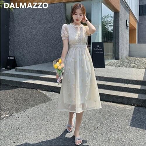 DALMAZZO New Fashion Women V Neck Mesh Embroidery Holiday Long Dress 2021 Summer Designer Lady Slim A Line Vestidos Female XL