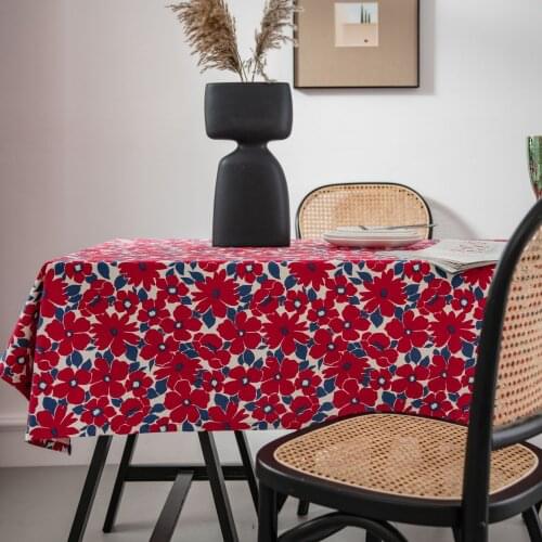 Linen Cotton Red Flower Printed Table Cloth Decorative For Party Wedding Christmas Home Dining Rectangular Dustproof Table Cover