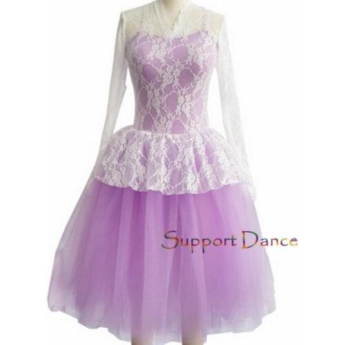 Support-Dance Lace Ballet Tutu Dress Kids Adult Long Sleeve Dance Costume C233