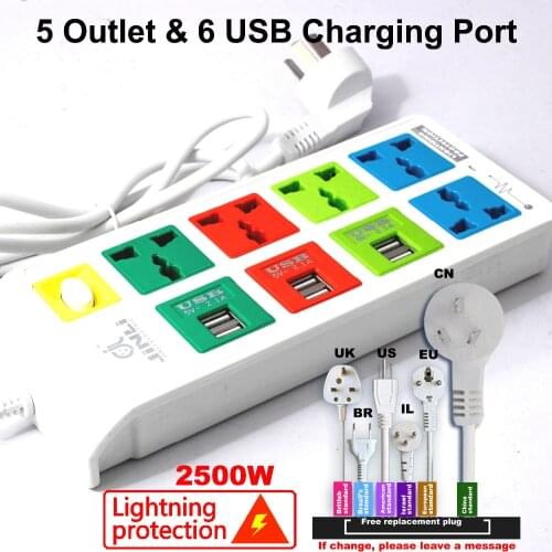 3m extension cable 5 Outlet & 6 USB Charging Port with EU UK US type