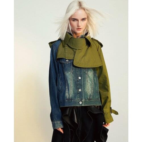 2021 Trend Girl Denim Splicing Color Contrast Paste Ribbon Windbreaker Jacket Denim Coat