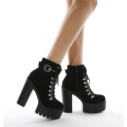 35-42 Lace Up Women Boots Platform Buckle Boot Winter Shoes Thick Heel Autmn Boots With Zipper Ankle Strap Black Suede Gothic