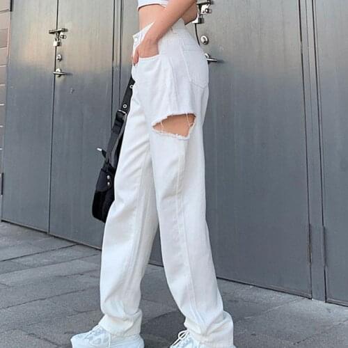 Women High Waist White Maxi Baggy Jeans Side Ripped Hole Denim Straight Pants Harajuku Hip Hop Casual Loose Trousers