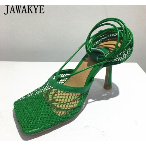 Square Toe Women Net Sandals High Heels 2021 New Ankle Cross Tied Runway Shoes Sexy V Shape Sheep Leather Party Holiday Sandals