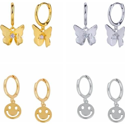 925 sterling silver ear buckle Funny Smile Face Pendant Hoop Earrings For Women Butterflies Charm Circle Earrings Jewelry A30